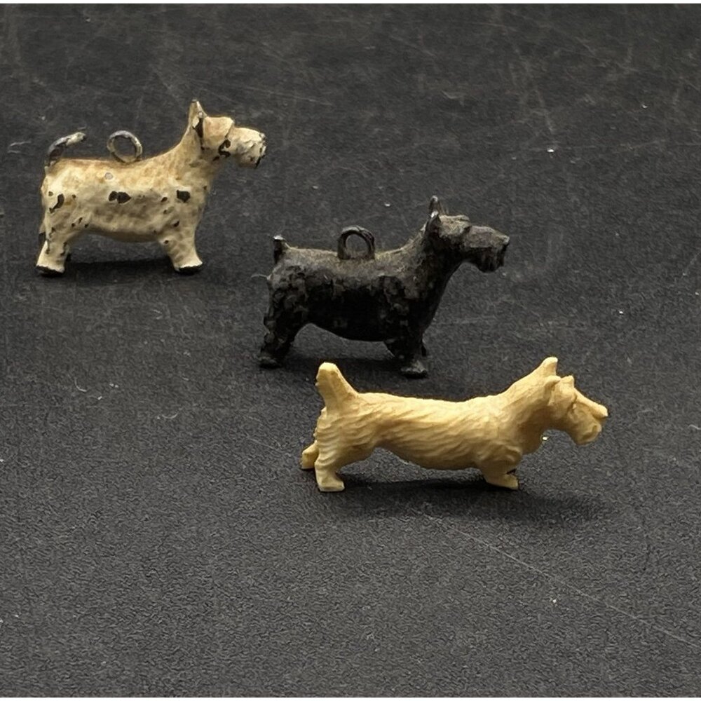 Tiny Celluloid Scottie & 2 Charm Cast Iron Scotties 1940’s Scottish Terrier - Picture 8 of 10